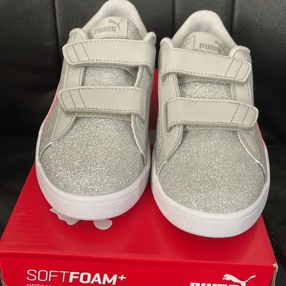 Puma Girl’s Gray Violet &amp; Pink Glitz Glam Smash Sneaker Size 2 New