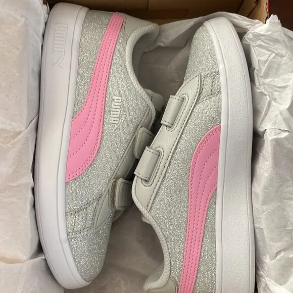 Puma Girl’s Gray Violet &amp; Pink Glitz Glam Smash Sneaker Size 2 New