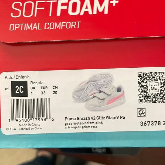 Puma Girl’s Gray Violet &amp; Pink Glitz Glam Smash Sneaker Size 2 New