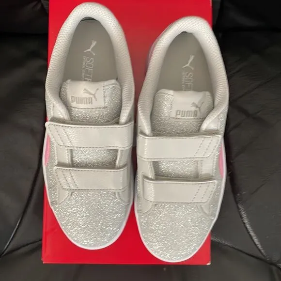 Puma Girl’s Gray Violet &amp; Pink Glitz Glam Smash Sneaker Size 2 New