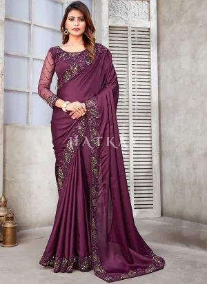 Purple Mirror Work Embroidery Satin Silk Saree