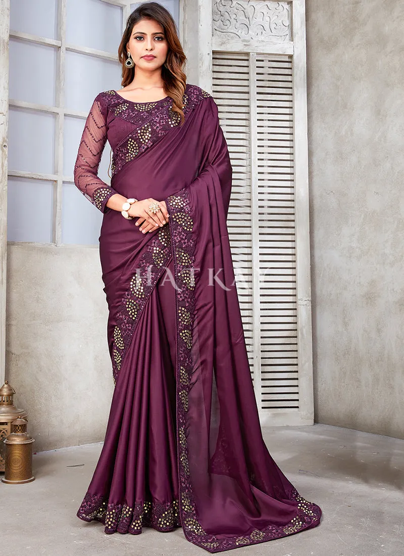 Purple Mirror Work Embroidery Satin Silk Saree