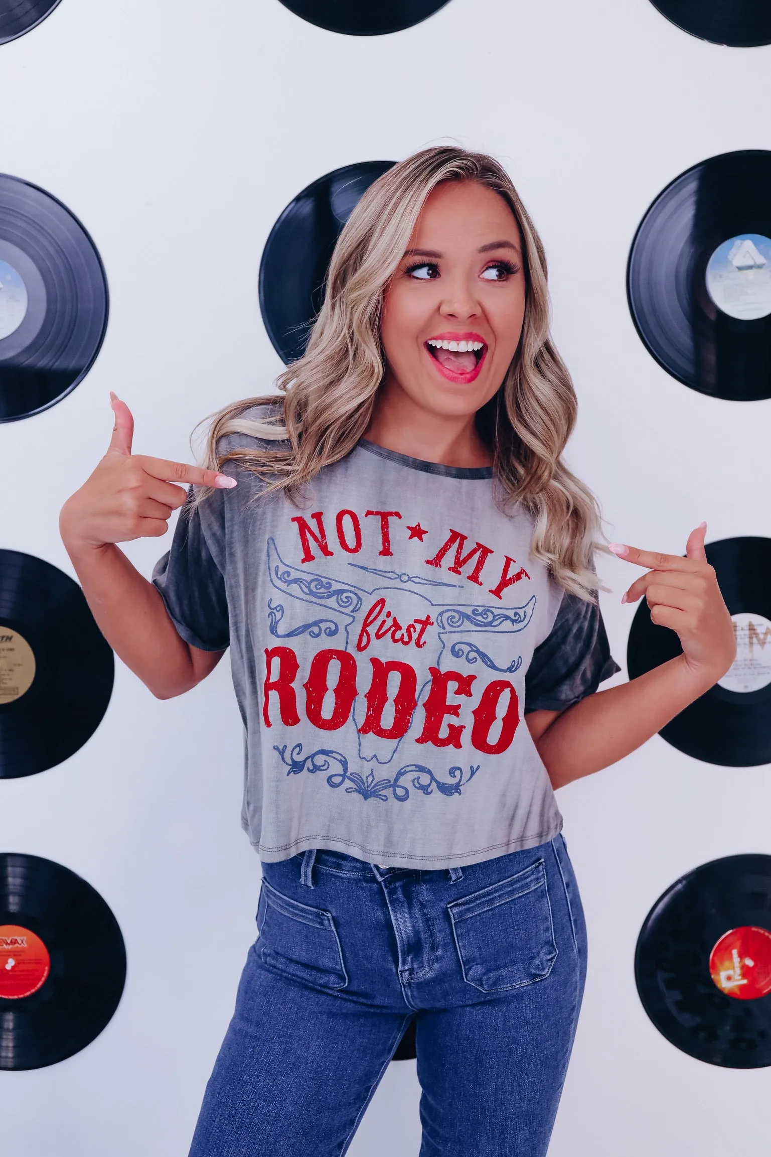 "Not My First Rodeo" Cropped Graphic Top - Charcoal