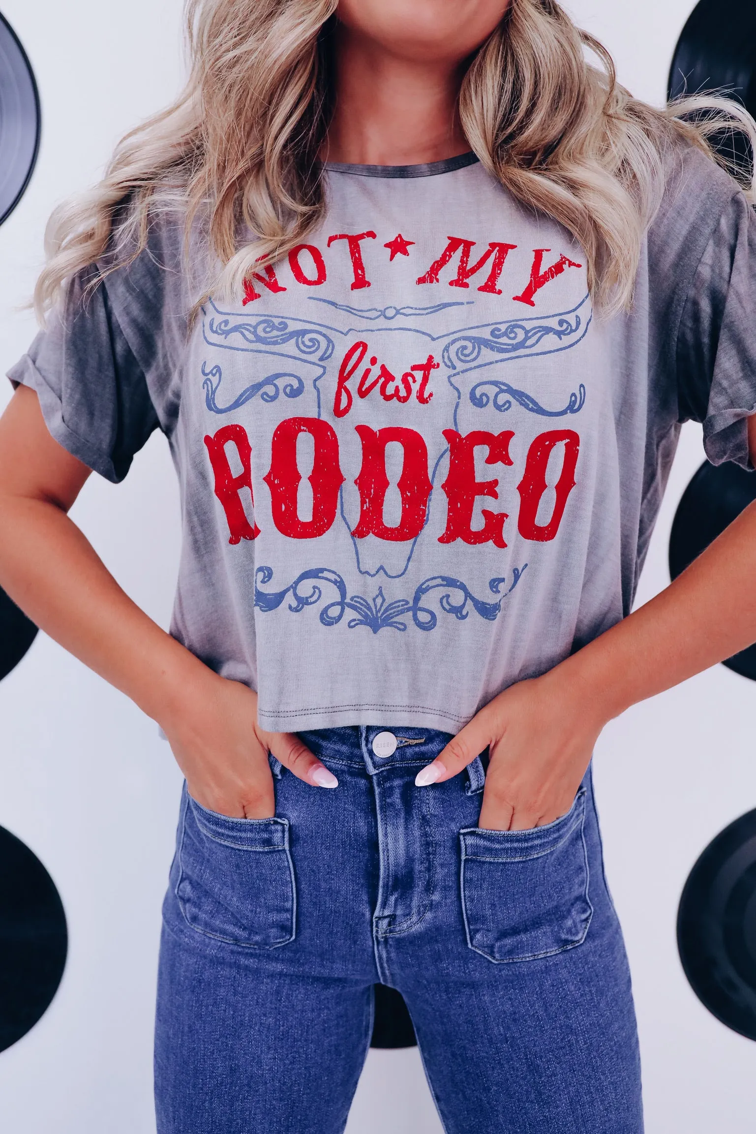 "Not My First Rodeo" Cropped Graphic Top - Charcoal