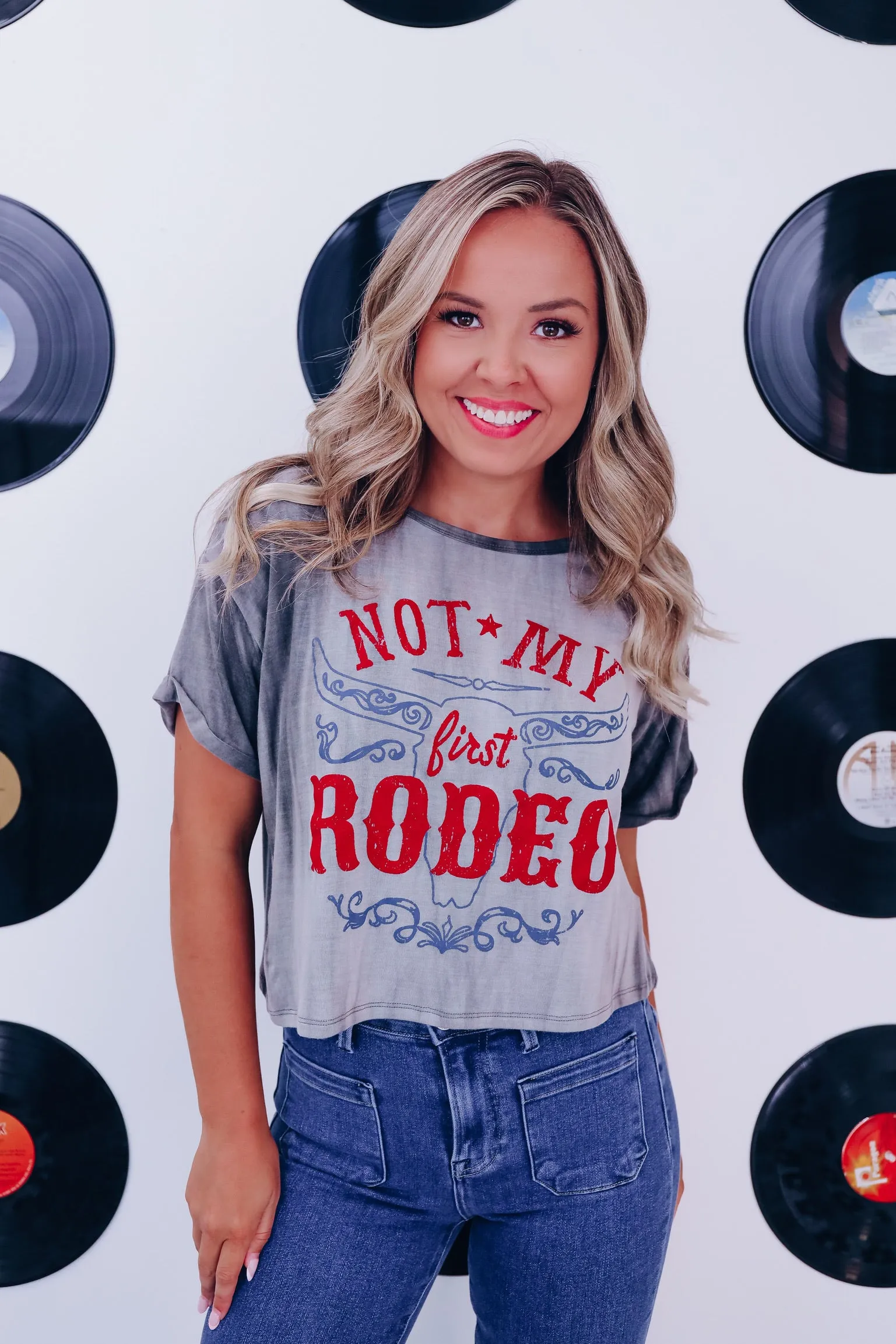 "Not My First Rodeo" Cropped Graphic Top - Charcoal