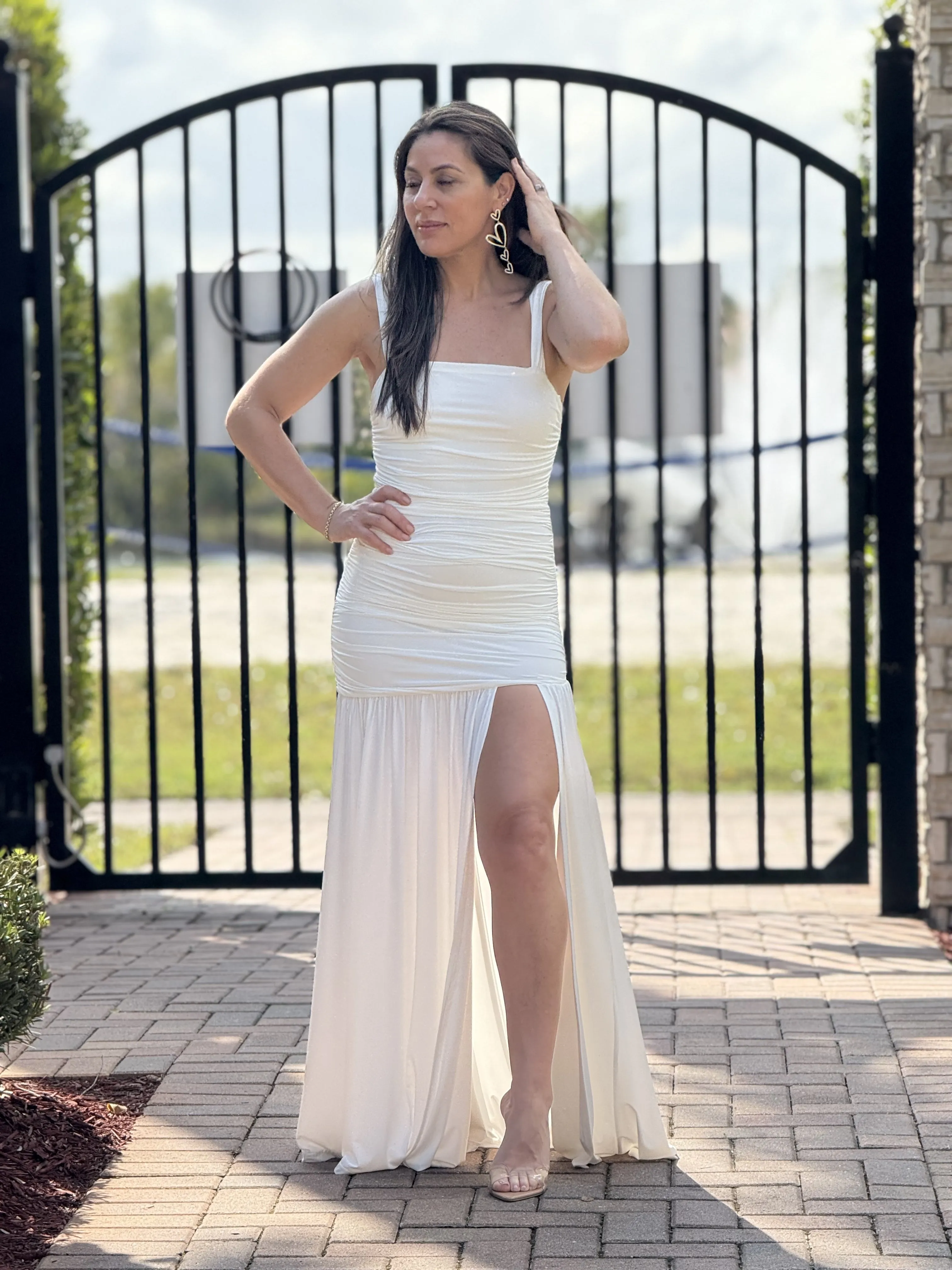 "Tessa" Solid Sleeveless Ruched Dress With A Split