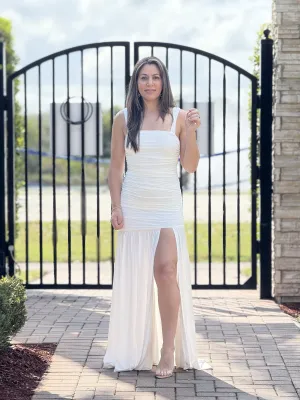 "Tessa" Solid Sleeveless Ruched Dress With A Split