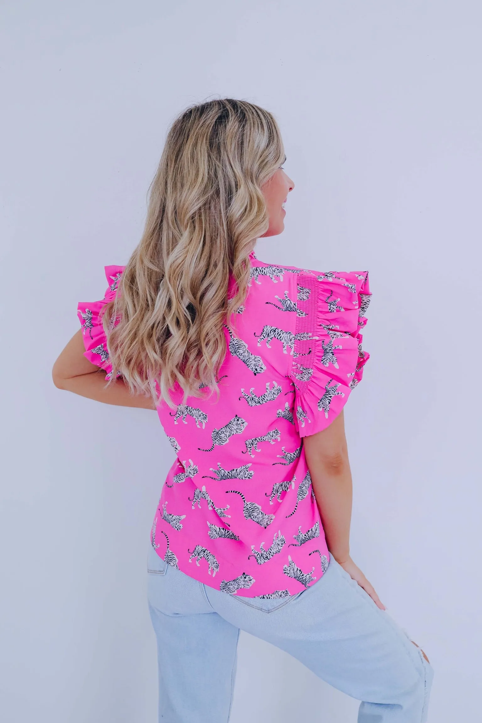 Rajah Ruffle Sleeve Printed Top - Pink