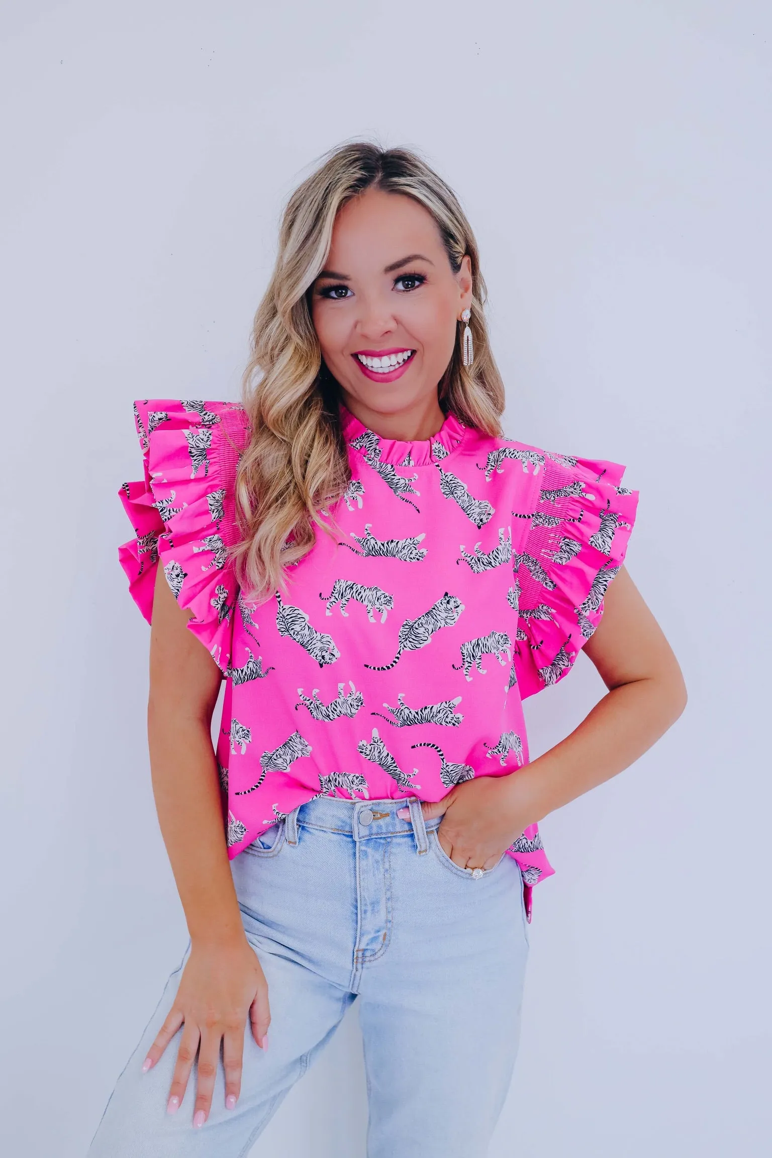 Rajah Ruffle Sleeve Printed Top - Pink