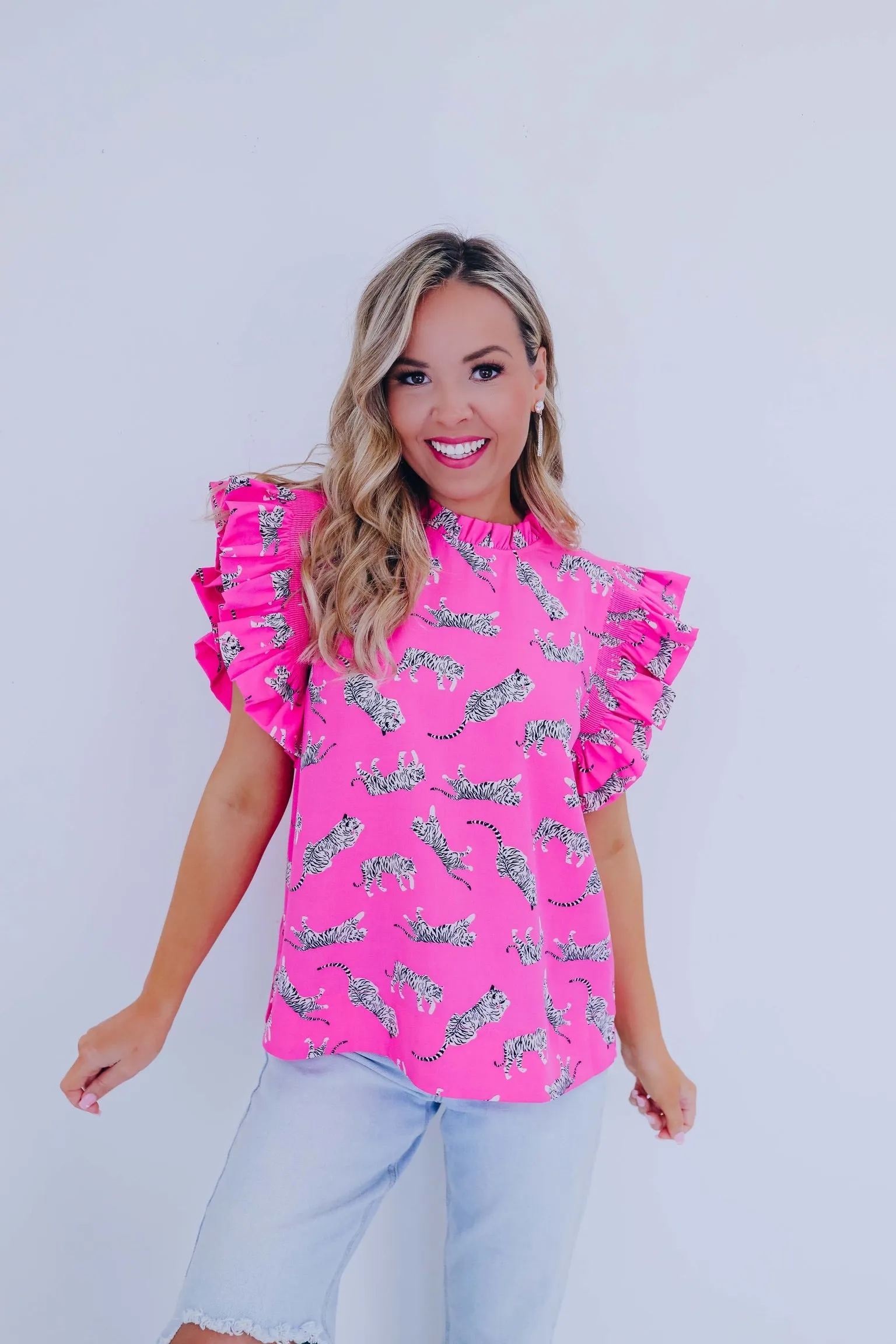 Rajah Ruffle Sleeve Printed Top - Pink