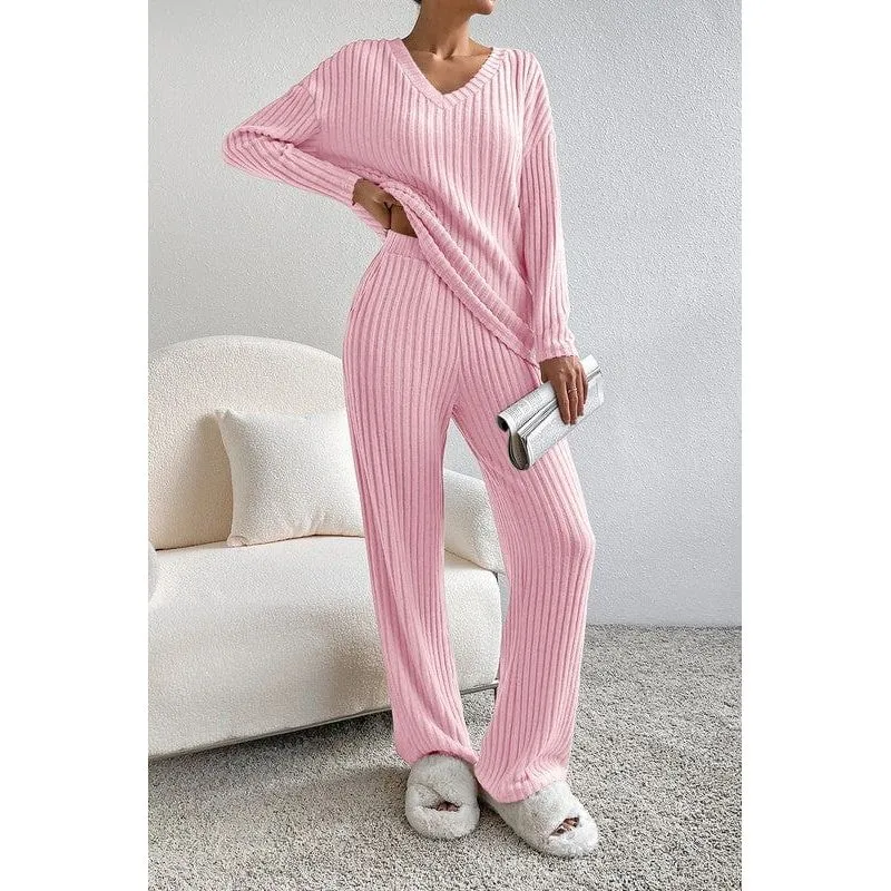 Ribbed Knit V Neck Slouchy Two-piece Outfit