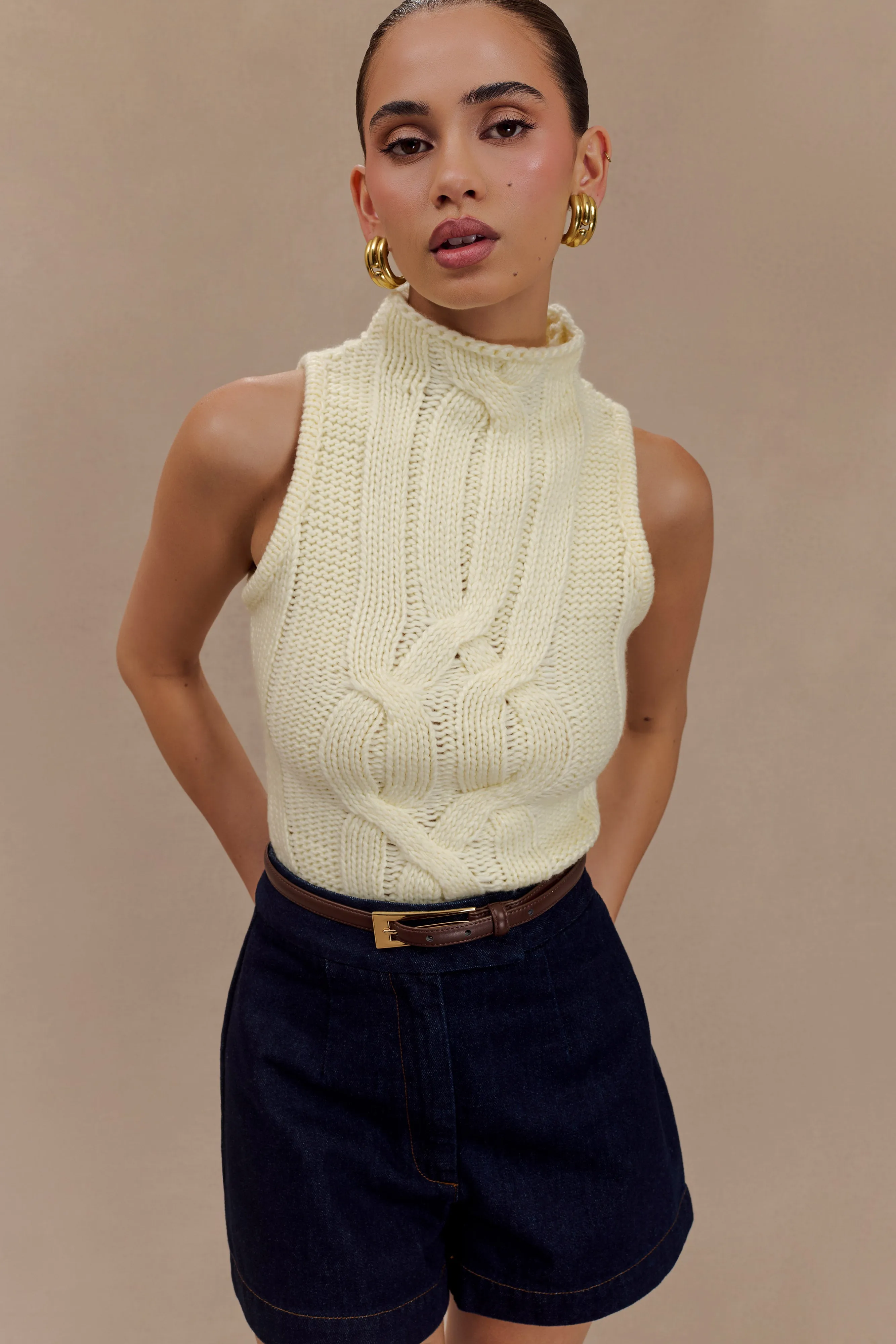 Roberta High Neck Cable Knit Top - Ivory