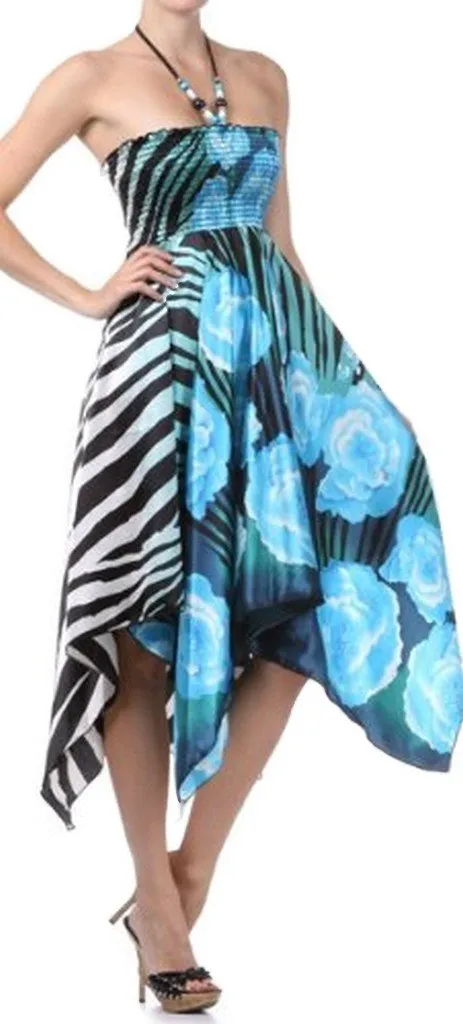 Sakkas Zebra Inspired Satin Feel Halter Smocked Bodice Handkerchief Hem Dress