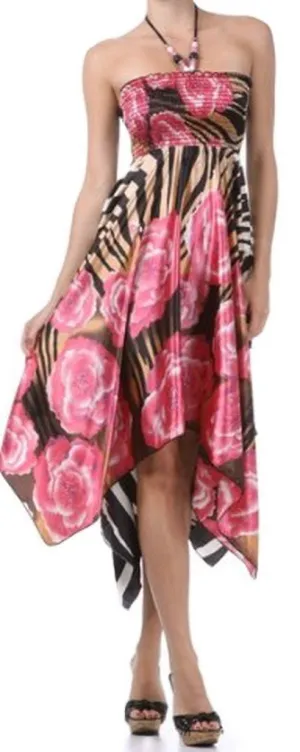 Sakkas Zebra Inspired Satin Feel Halter Smocked Bodice Handkerchief Hem Dress