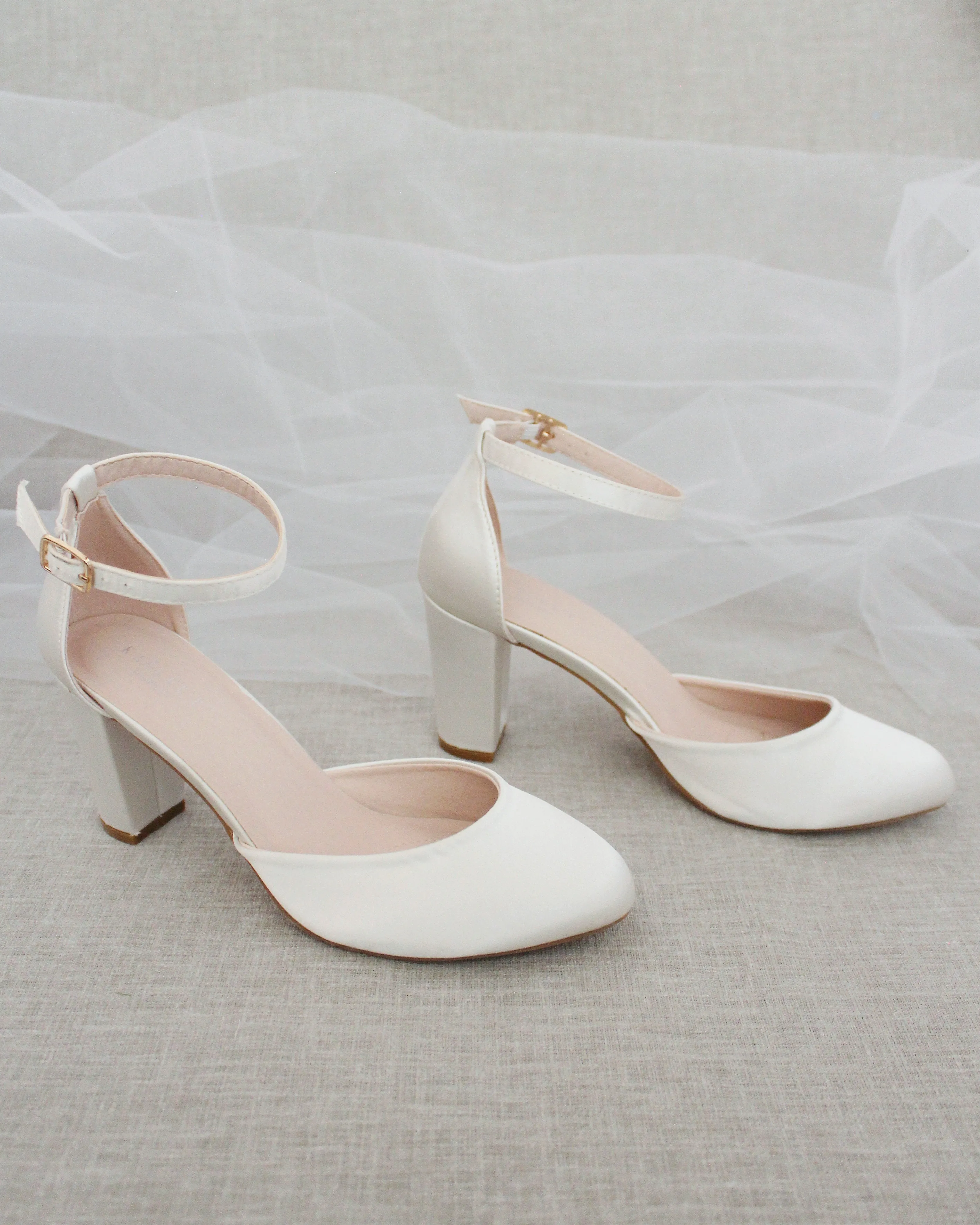 Satin Block Heel with Ankle Strap