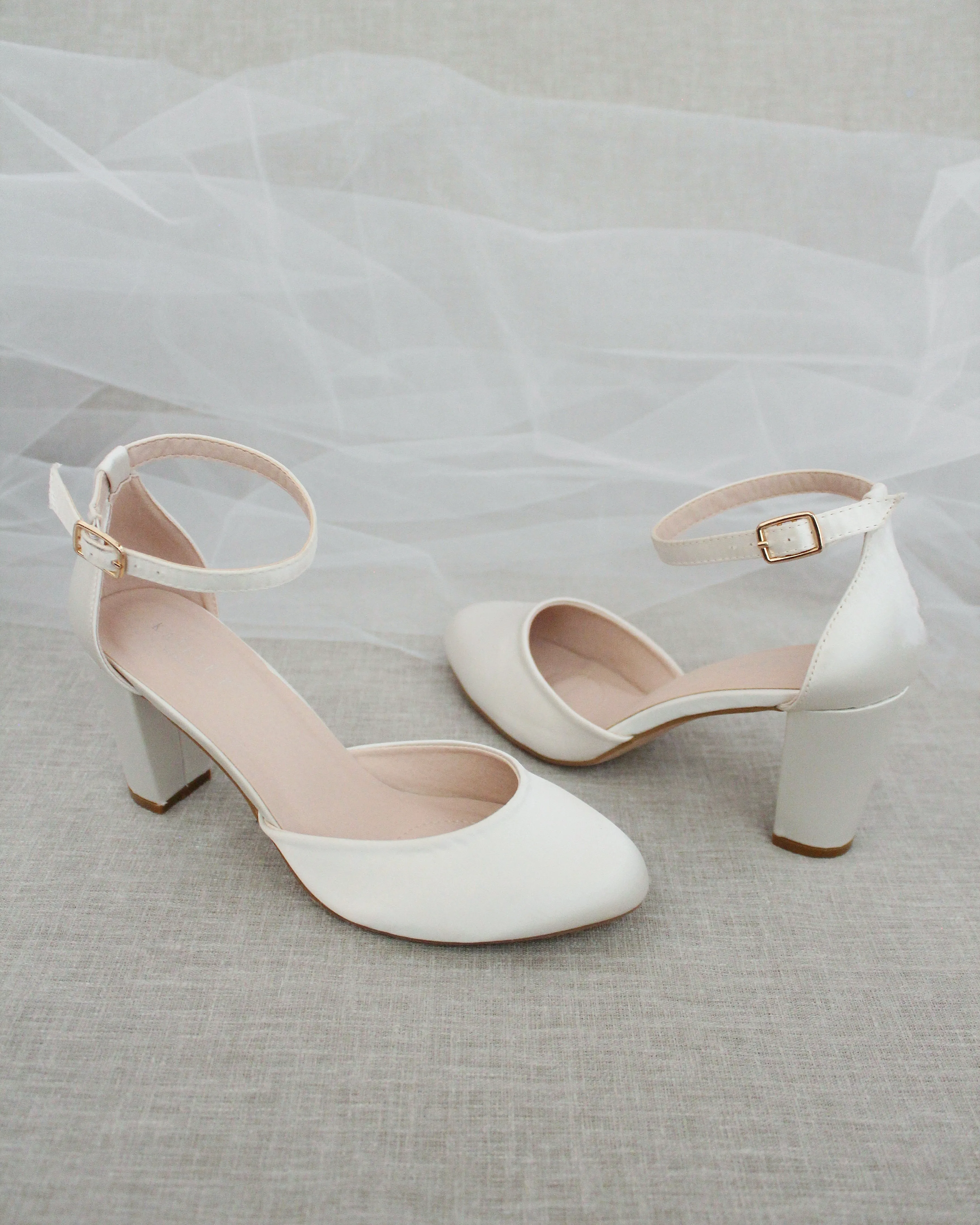 Satin Block Heel with Ankle Strap