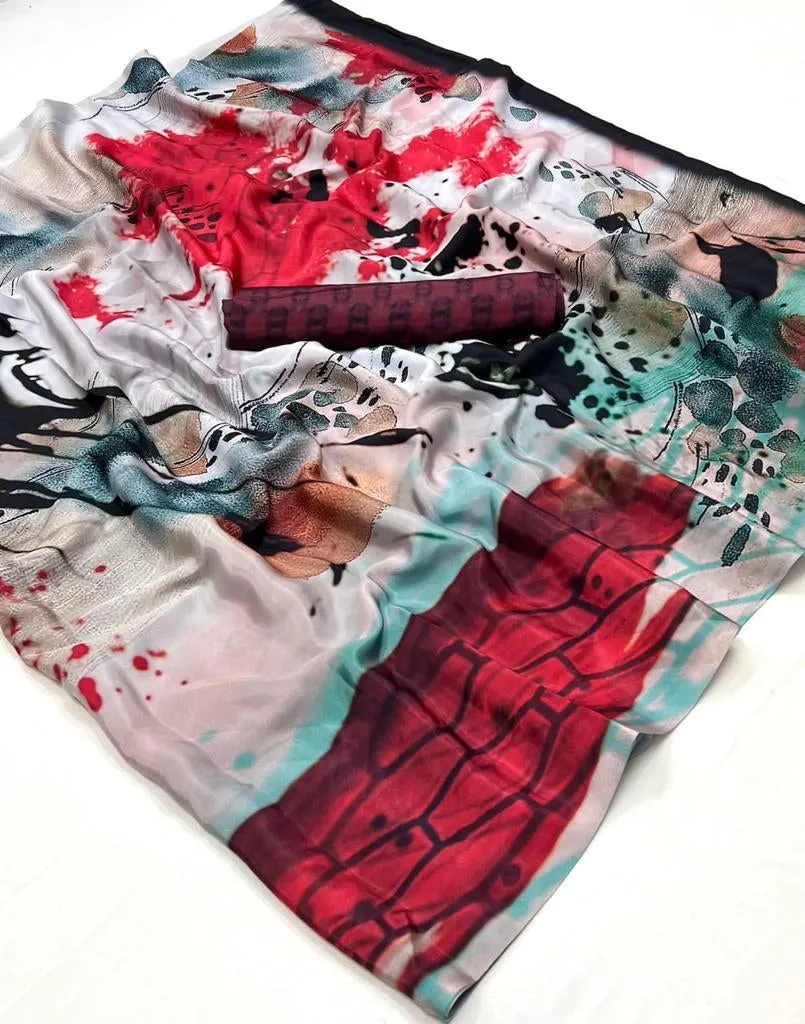 Silk Crepe Digital Print White Rec Saree