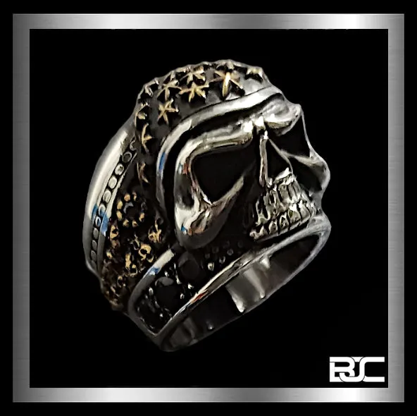 Skull Ring Stars Helmet Biker Design Heavy 925 Sterling Silver And Onyx 34 Grams
