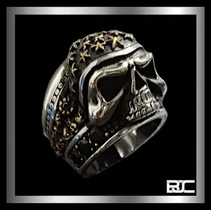 Skull Ring Stars Helmet Biker Design Heavy 925 Sterling Silver And Onyx 34 Grams