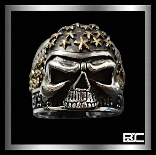 Skull Ring Stars Helmet Biker Design Heavy 925 Sterling Silver And Onyx 34 Grams