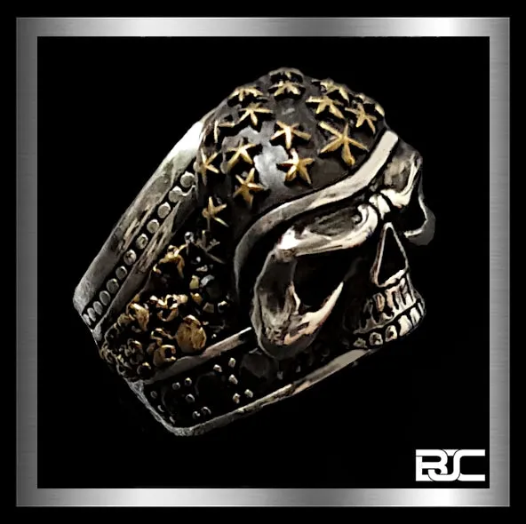 Skull Ring Stars Helmet Biker Design Heavy 925 Sterling Silver And Onyx 34 Grams