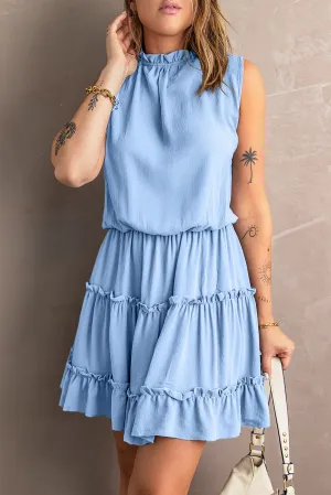 Sky Blue Sleeveless V Neck Ruffled Swing Mini Dress
