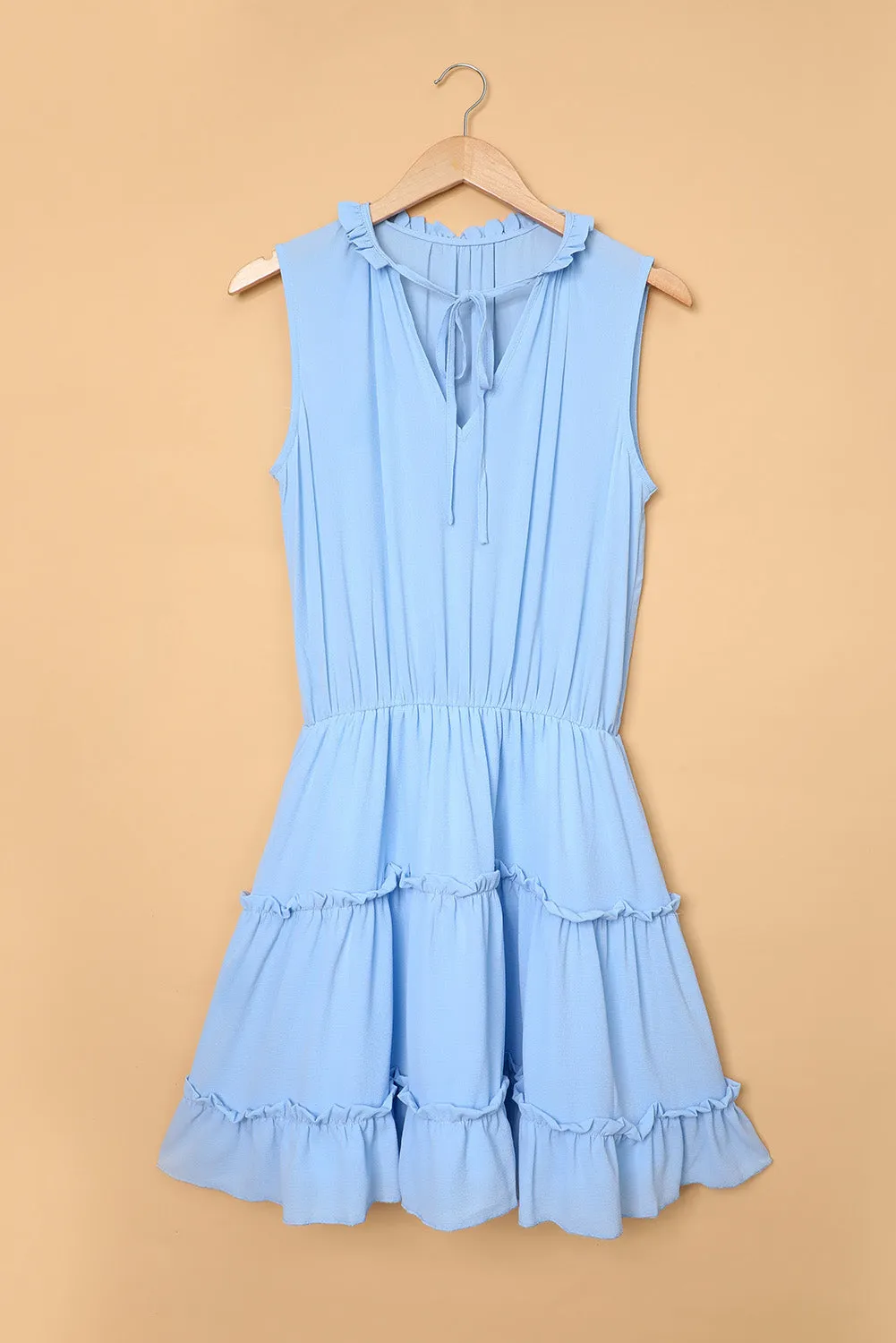 Sky Blue Sleeveless V Neck Ruffled Swing Mini Dress