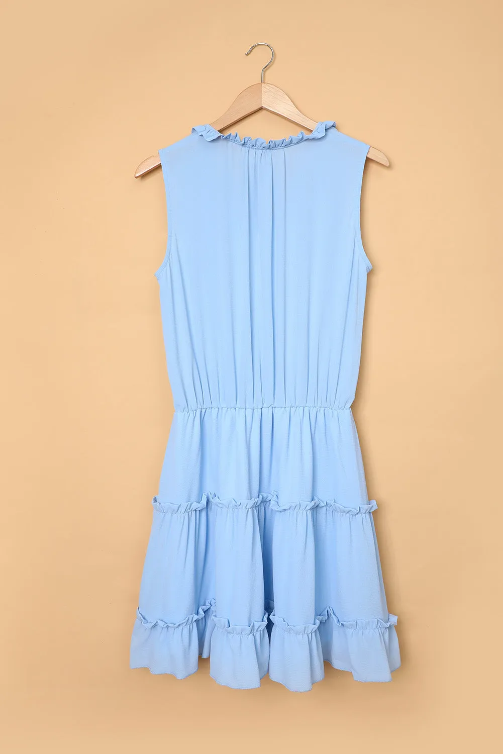 Sky Blue Sleeveless V Neck Ruffled Swing Mini Dress