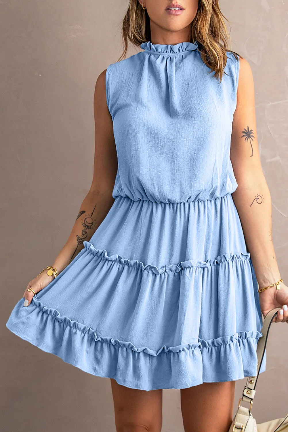 Sky Blue Sleeveless V Neck Ruffled Swing Mini Dress