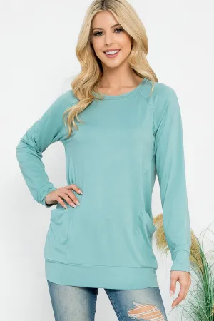 Solid Long Sleeve Front Pocket Top