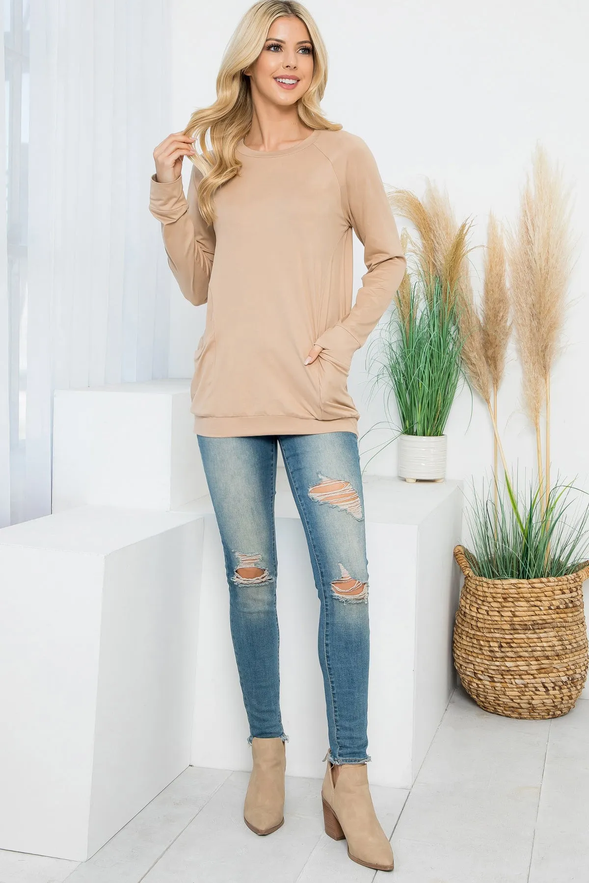 Solid Long Sleeve Front Pocket Top