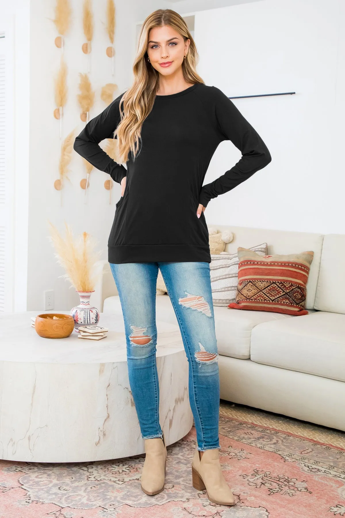 Solid Long Sleeve Front Pocket Top