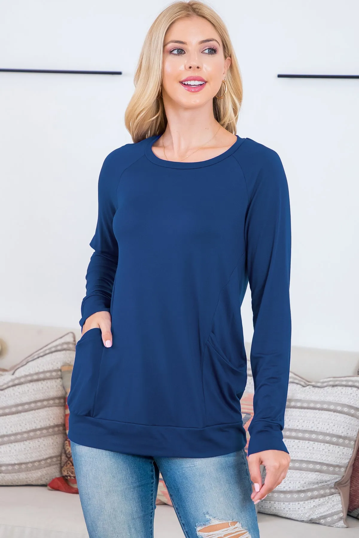 Solid Long Sleeve Front Pocket Top