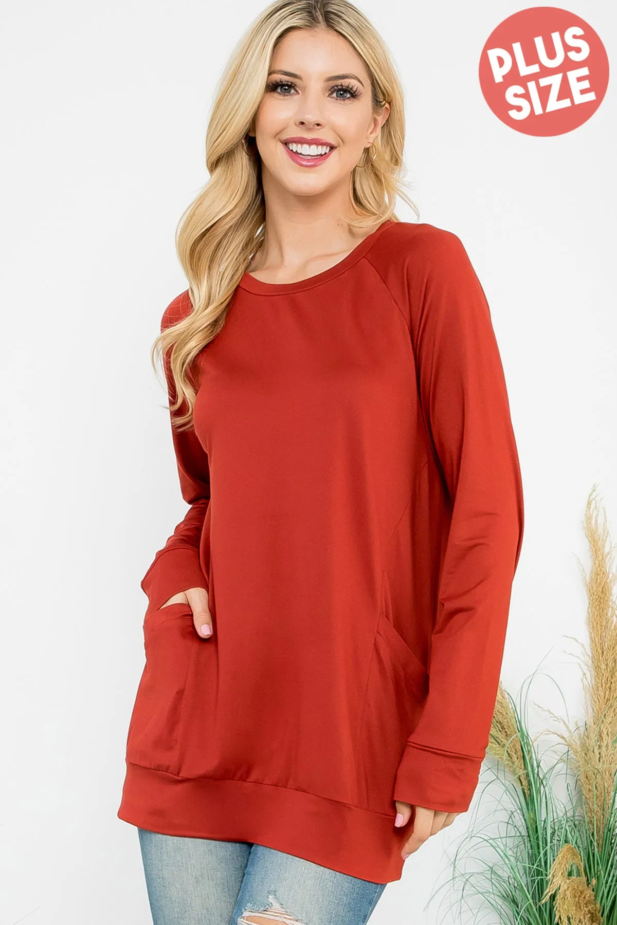 Solid Long Sleeve Front Pocket Top