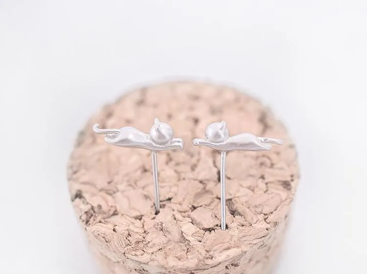Solid Sterling Silver Cat Stud Earrings