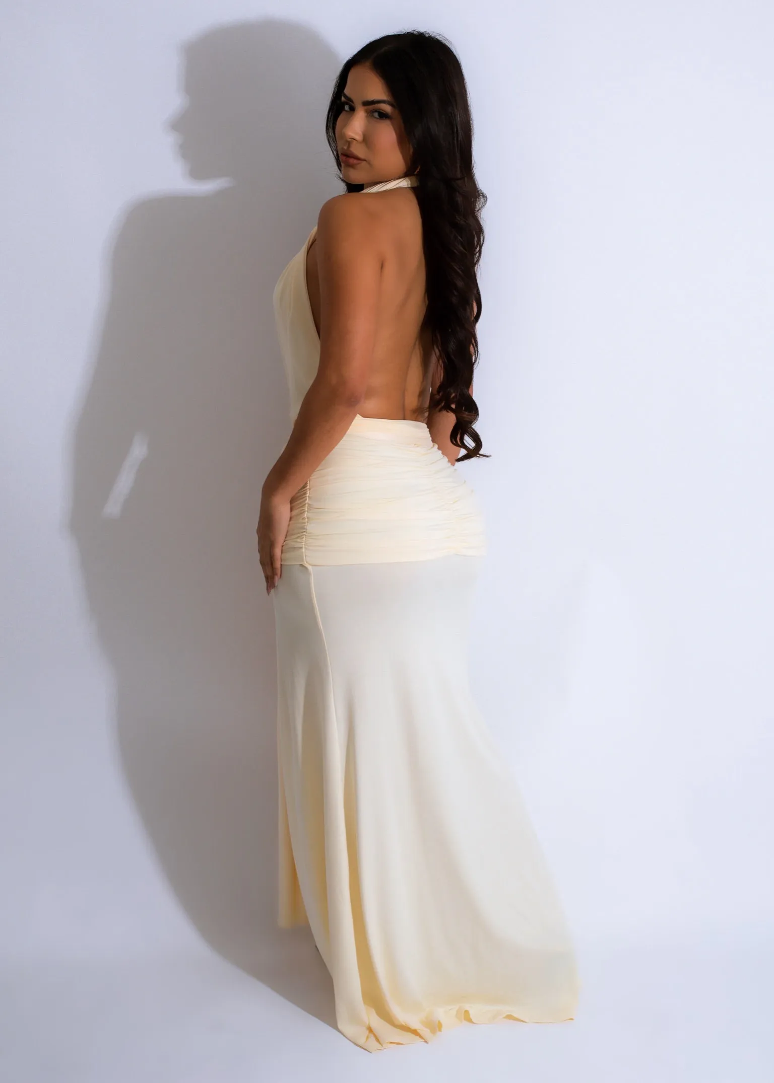 Solstice Elegance Ruched Maxi Dress Yellow