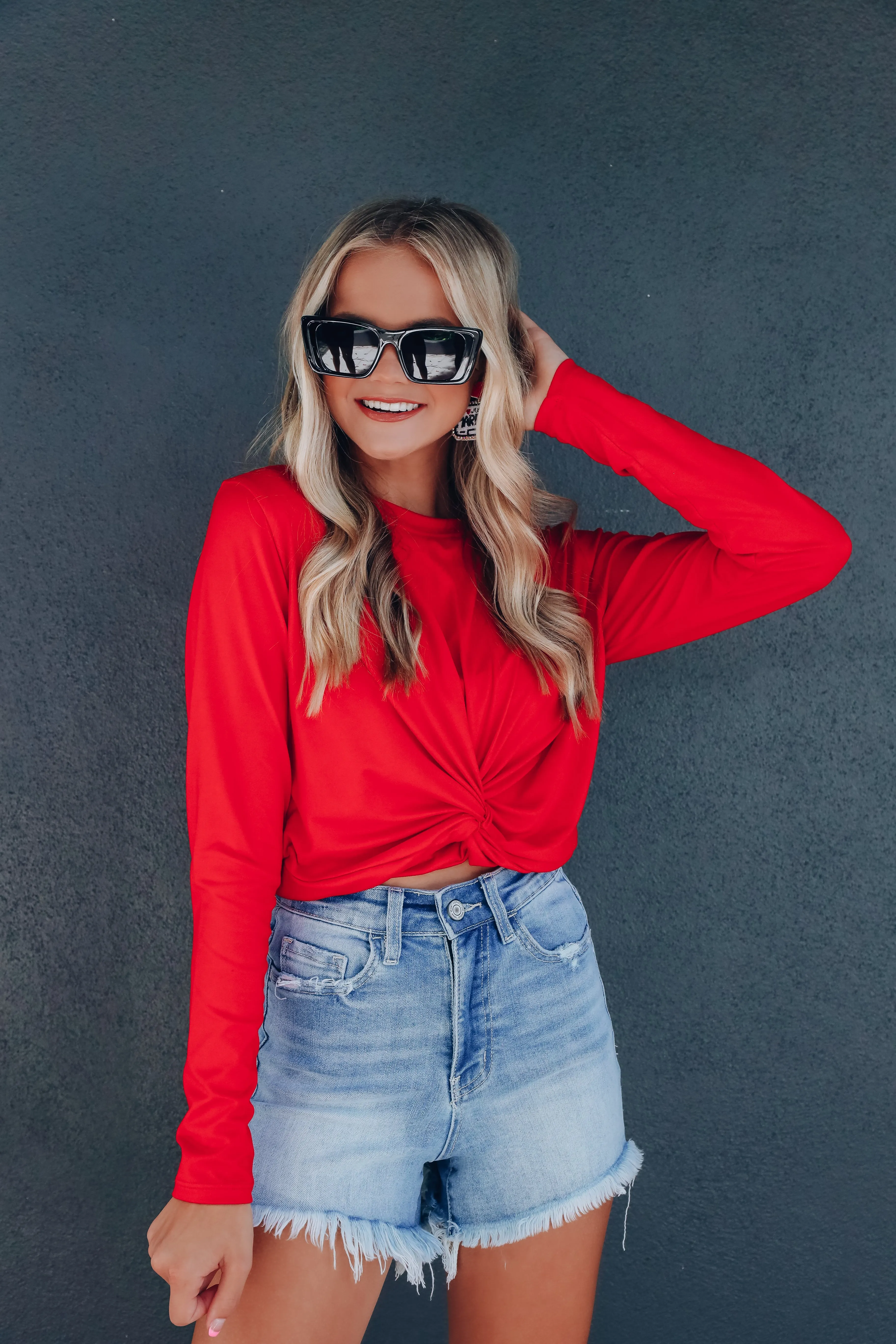 Spiral Knot Long Sleeved Crop Top - Red