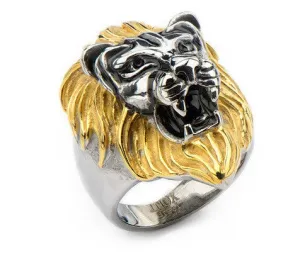 Stainless Steel IP Gold & Steel Black Oxidized Lion Head Ring