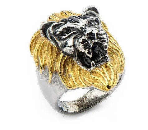 Stainless Steel IP Gold & Steel Black Oxidized Lion Head Ring