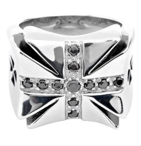 Stainless Steel Iron Cross Ring w/ Black CZ's