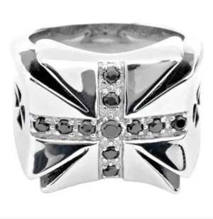 Stainless Steel Iron Cross Ring w/ Black CZ's