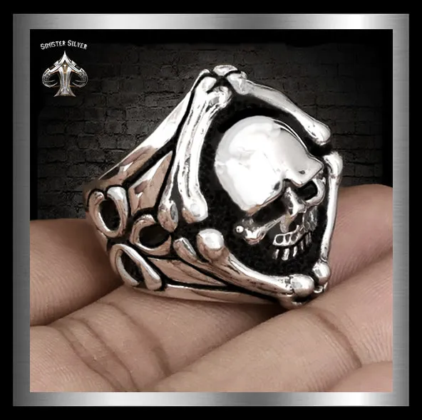 Sterling Silver Biker Ring Skull And Crossbones