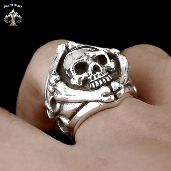 Sterling Silver Biker Ring Skull And Crossbones