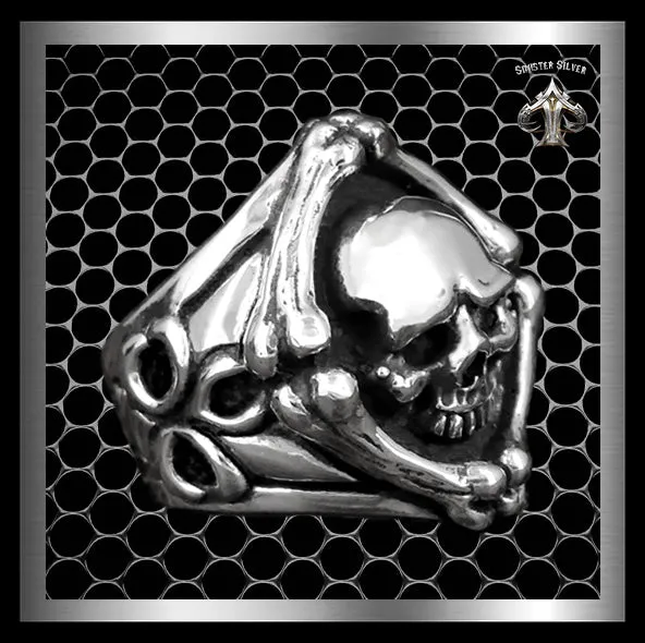 Sterling Silver Biker Ring Skull And Crossbones