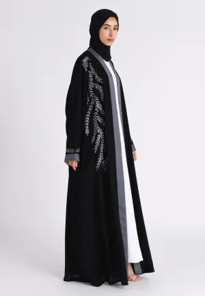 Stone Grey Embroidered Open Abaya (Premium)