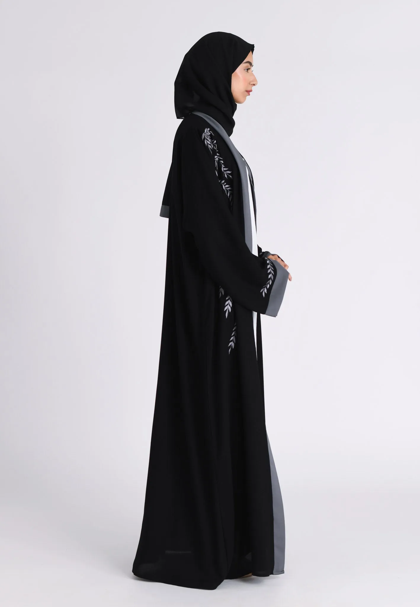 Stone Grey Embroidered Open Abaya (Premium)