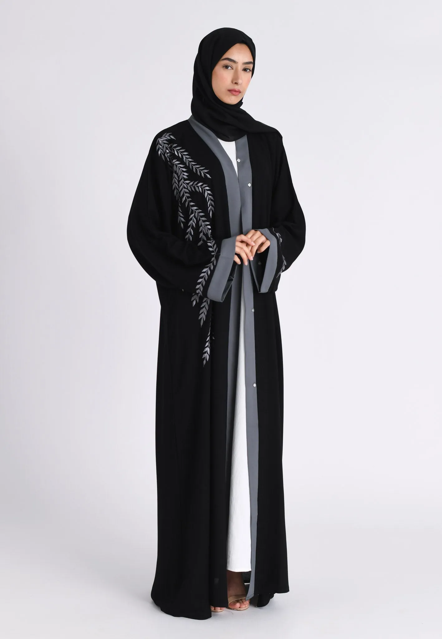 Stone Grey Embroidered Open Abaya (Premium)