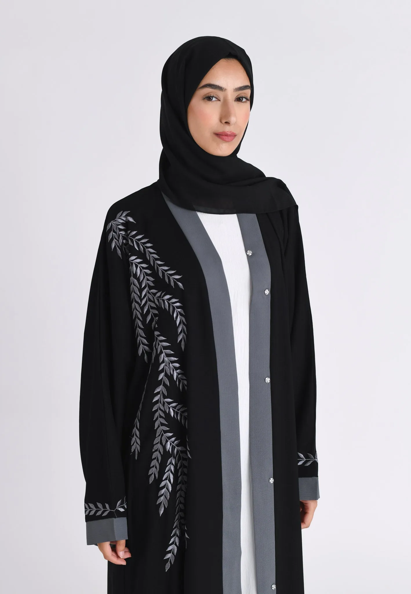 Stone Grey Embroidered Open Abaya (Premium)