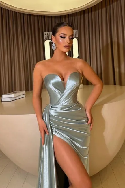 Strapless Sweetheart Front Slit Satin Prom Dress with Ruffles