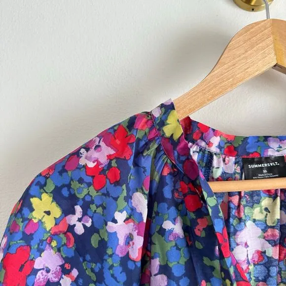 Summersalt The Tie Neck Floral Short Sleeve Mini Dress Blue/Red XS